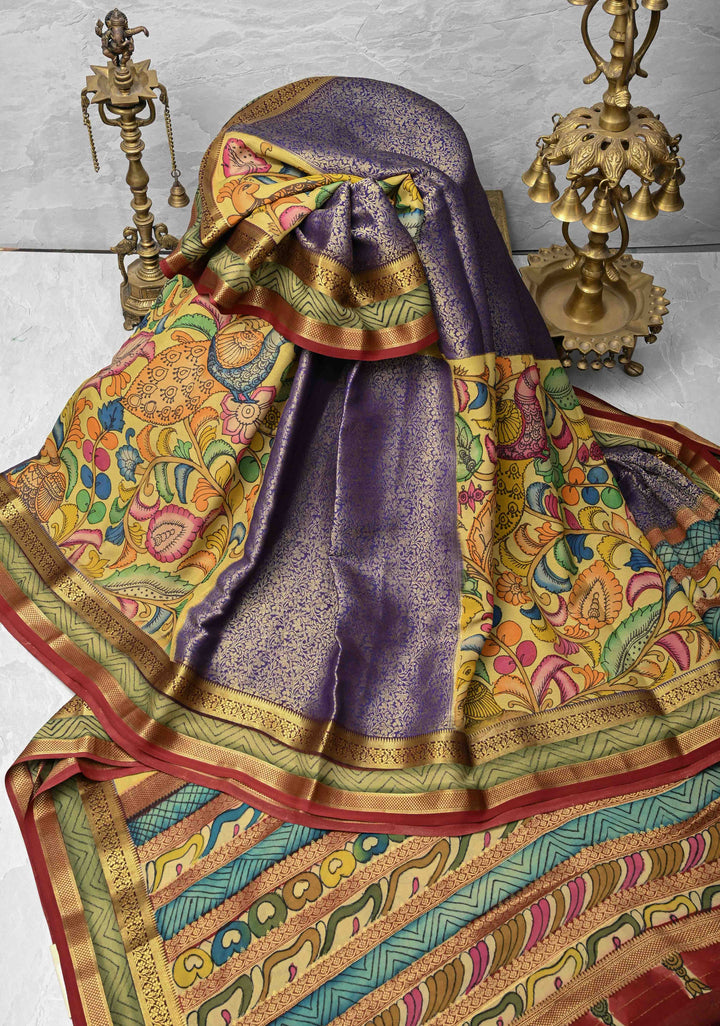 Yellow and Purple Handpainted Pen Kalamkari on Pure Mysore Silk Saree with Zari Brocade Jaal and Rettaipet Border | SILK MARK CERTIFIED