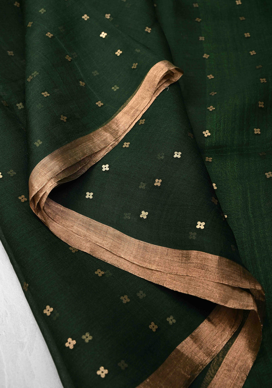 Bottle Green Matka Muslin Saree with pocket sequins and Paithani Style Pallu | SILK MARK CERTIFIED
