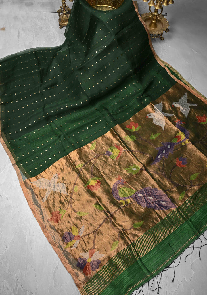 Bottle Green Matka Muslin Saree with pocket sequins and Paithani Style Pallu | SILK MARK CERTIFIED