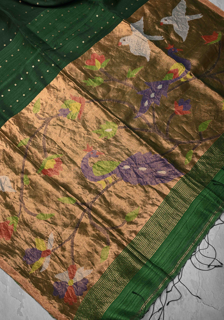 Bottle Green Matka Muslin Saree with pocket sequins and Paithani Style Pallu | SILK MARK CERTIFIED