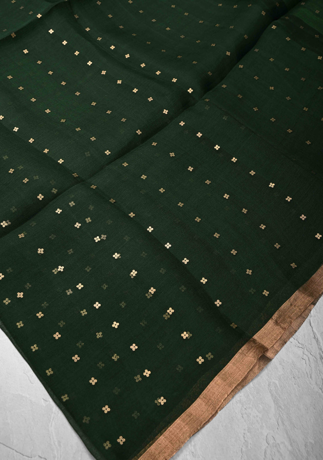 Bottle Green Matka Muslin Saree with pocket sequins and Paithani Style Pallu | SILK MARK CERTIFIED