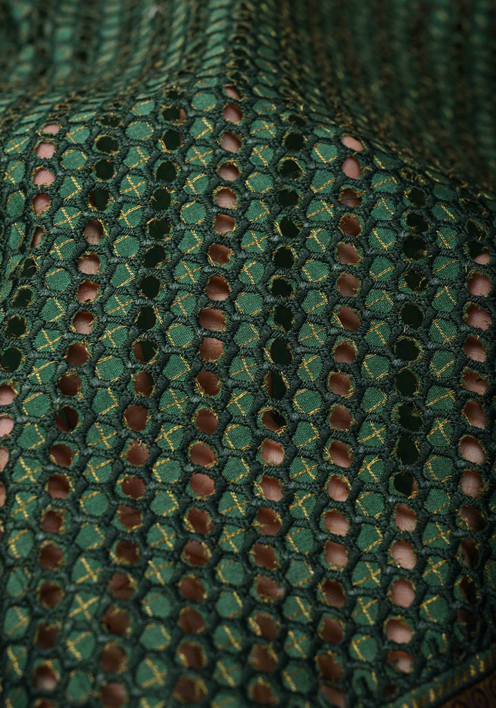 Green Handpainted Pen Kalamkari on Pure Mysore Silk Saree with Cutwork, Zari Checks and Patli Pallu | SILK MARK CERTIFIED
