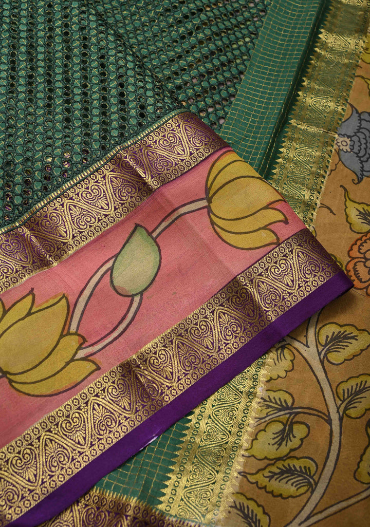 Green Handpainted Pen Kalamkari on Pure Mysore Silk Saree with Cutwork, Zari Checks and Patli Pallu | SILK MARK CERTIFIED