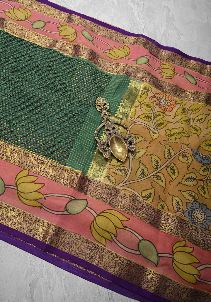 Green Handpainted Pen Kalamkari on Pure Mysore Silk Saree with Cutwork, Zari Checks and Patli Pallu | SILK MARK CERTIFIED