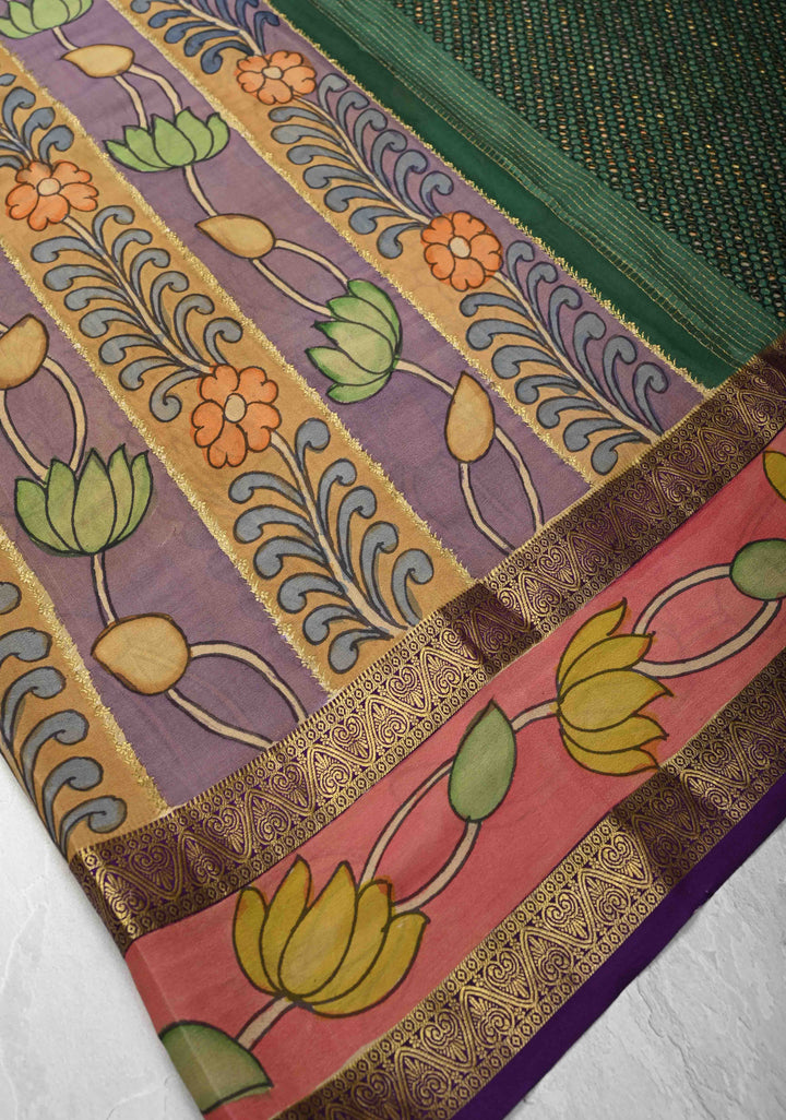 Green Handpainted Pen Kalamkari on Pure Mysore Silk Saree with Cutwork, Zari Checks and Patli Pallu | SILK MARK CERTIFIED