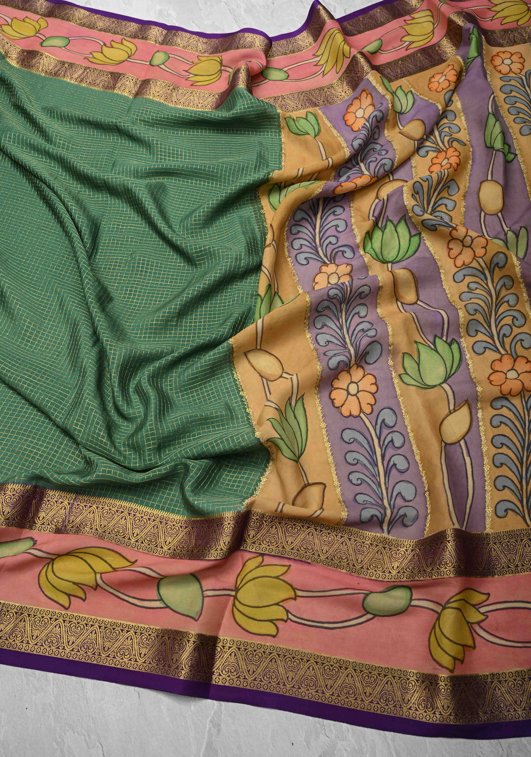 Green Handpainted Pen Kalamkari on Pure Mysore Silk Saree with Cutwork, Zari Checks and Patli Pallu | SILK MARK CERTIFIED