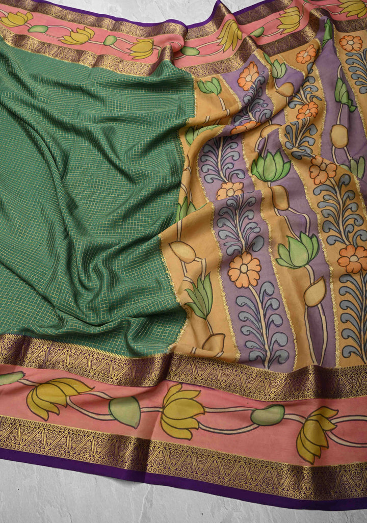 Green Handpainted Pen Kalamkari on Pure Mysore Silk Saree with Cutwork, Zari Checks and Patli Pallu | SILK MARK CERTIFIED