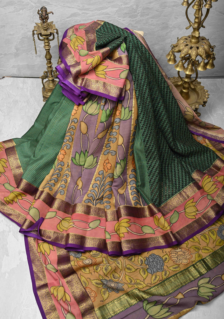 Green Handpainted Pen Kalamkari on Pure Mysore Silk Saree with Cutwork, Zari Checks and Patli Pallu | SILK MARK CERTIFIED