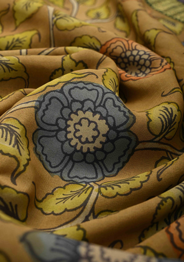 Green Handpainted Pen Kalamkari on Pure Mysore Silk Saree with Cutwork, Zari Checks and Patli Pallu | SILK MARK CERTIFIED