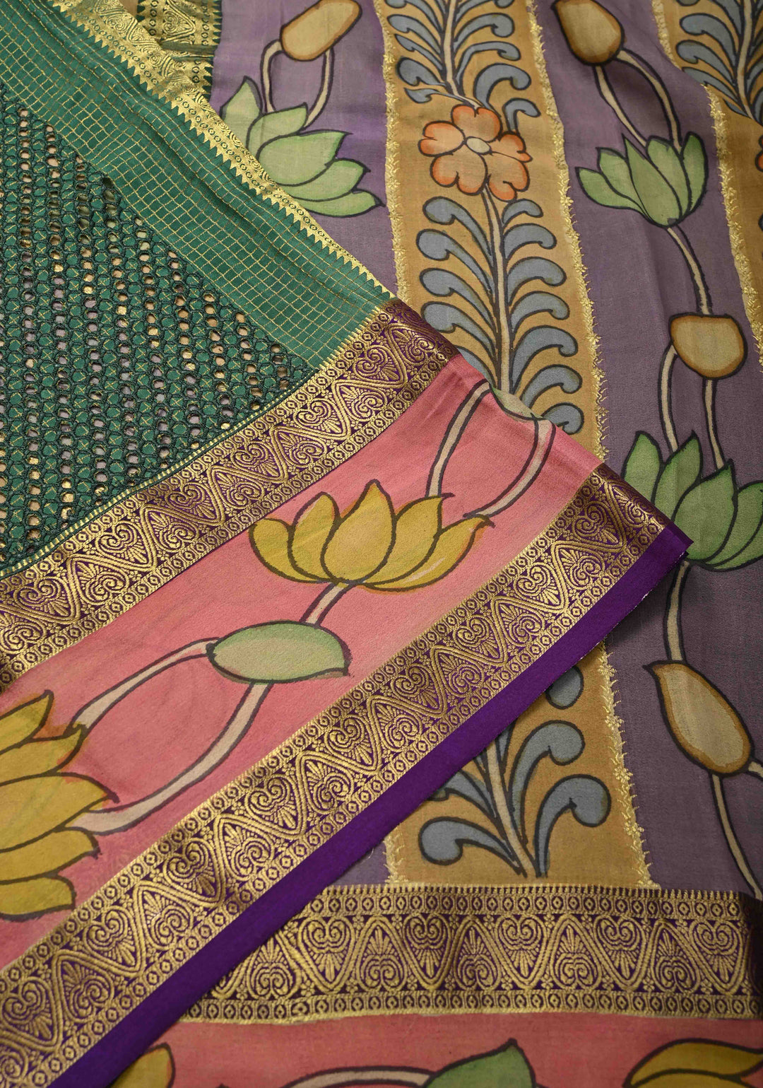 Green Handpainted Pen Kalamkari on Pure Mysore Silk Saree with Cutwork, Zari Checks and Patli Pallu | SILK MARK CERTIFIED
