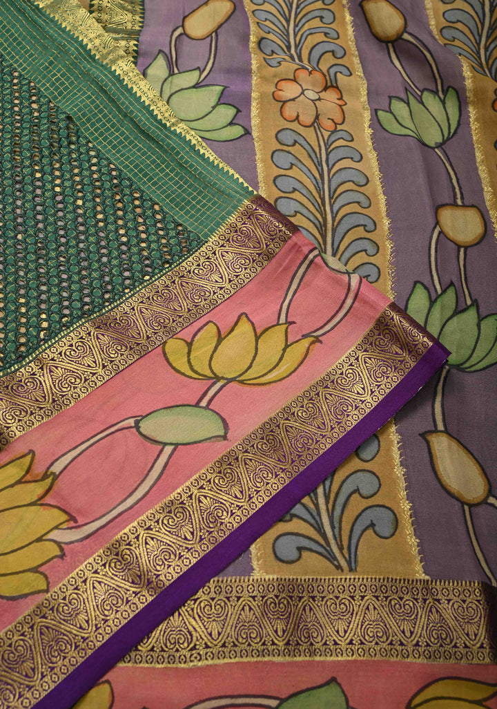 Green Handpainted Pen Kalamkari on Pure Mysore Silk Saree with Cutwork, Zari Checks and Patli Pallu | SILK MARK CERTIFIED