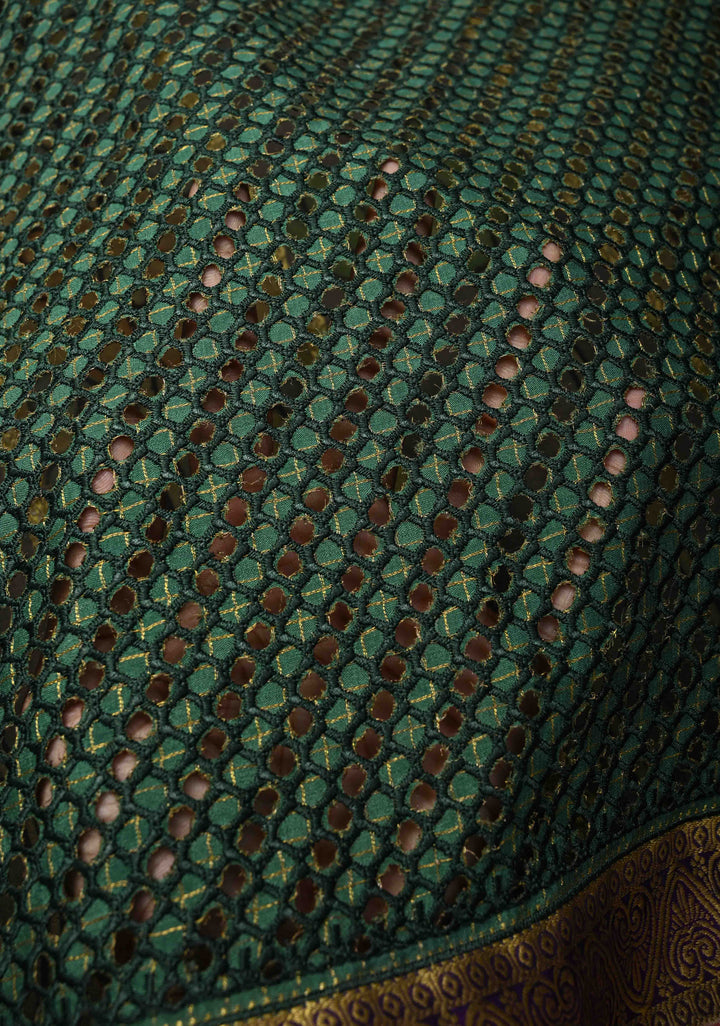 Green Handpainted Pen Kalamkari on Pure Mysore Silk Saree with Cutwork, Zari Checks and Patli Pallu | SILK MARK CERTIFIED