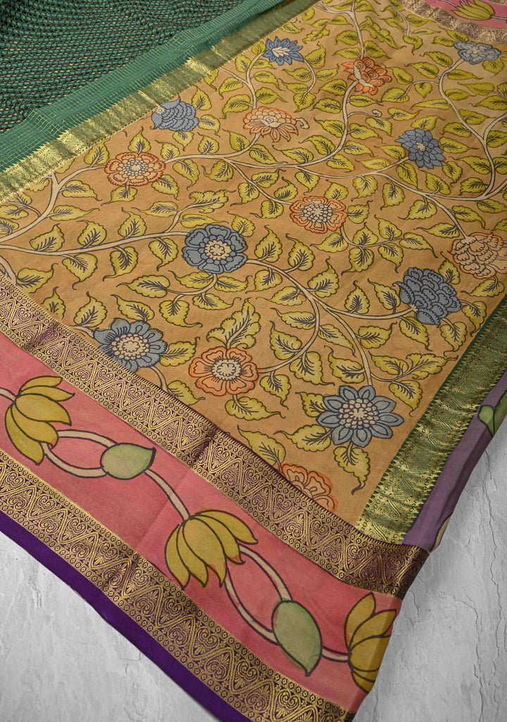 Green Handpainted Pen Kalamkari on Pure Mysore Silk Saree with Cutwork, Zari Checks and Patli Pallu | SILK MARK CERTIFIED