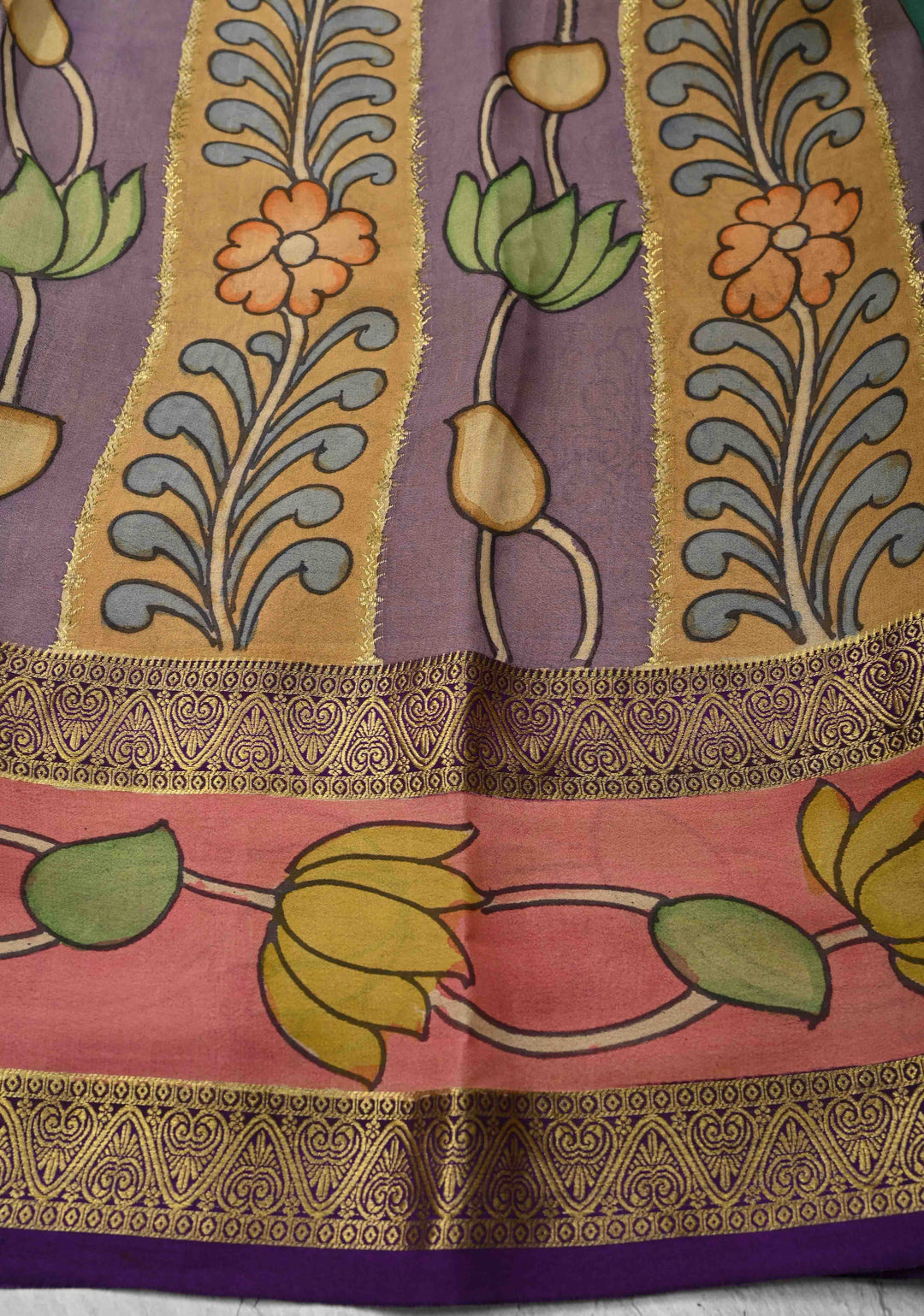 Green Handpainted Pen Kalamkari on Pure Mysore Silk Saree with Cutwork, Zari Checks and Patli Pallu | SILK MARK CERTIFIED