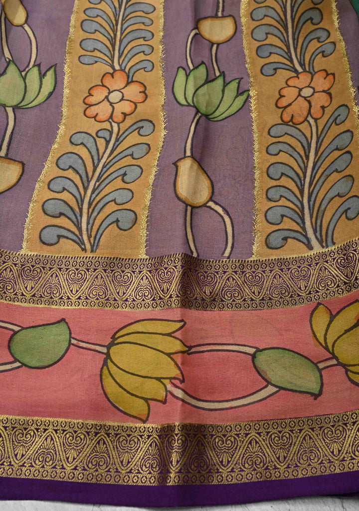 Green Handpainted Pen Kalamkari on Pure Mysore Silk Saree with Cutwork, Zari Checks and Patli Pallu | SILK MARK CERTIFIED
