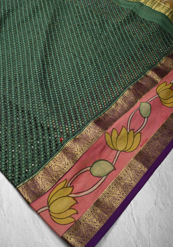 Green Handpainted Pen Kalamkari on Pure Mysore Silk Saree with Cutwork, Zari Checks and Patli Pallu | SILK MARK CERTIFIED