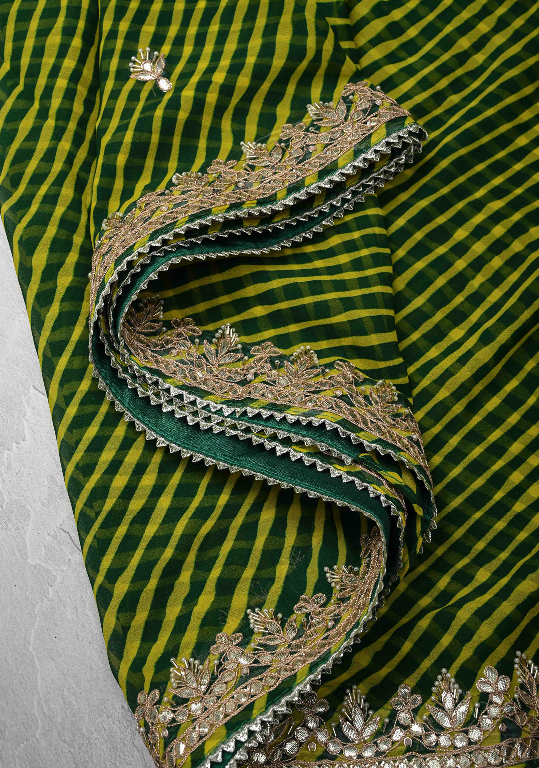 Green and Yellow Pure Georgette Silk Saree on Leheria Pattern with Gotta Patti and Moti work | SILK MARKED CERTIFIED