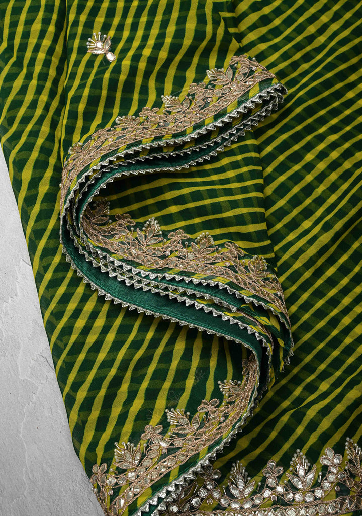 Green and Yellow Pure Georgette Silk Saree on Leheria Pattern with Gotta Patti and Moti work | SILK MARKED CERTIFIED