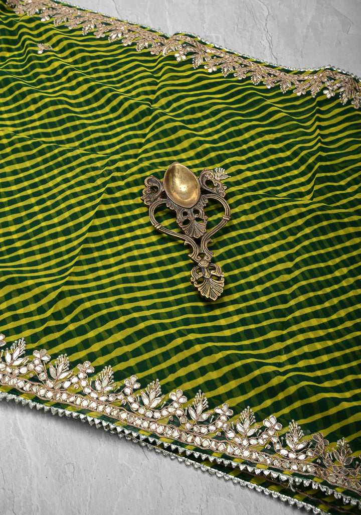 Green and Yellow Pure Georgette Silk Saree on Leheria Pattern with Gotta Patti and Moti work | SILK MARKED CERTIFIED