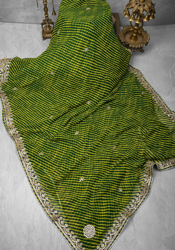 Green and Yellow Pure Georgette Silk Saree on Leheria Pattern with Gotta Patti and Moti work | SILK MARKED CERTIFIED
