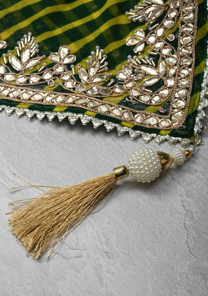 Green and Yellow Pure Georgette Silk Saree on Leheria Pattern with Gotta Patti and Moti work | SILK MARKED CERTIFIED