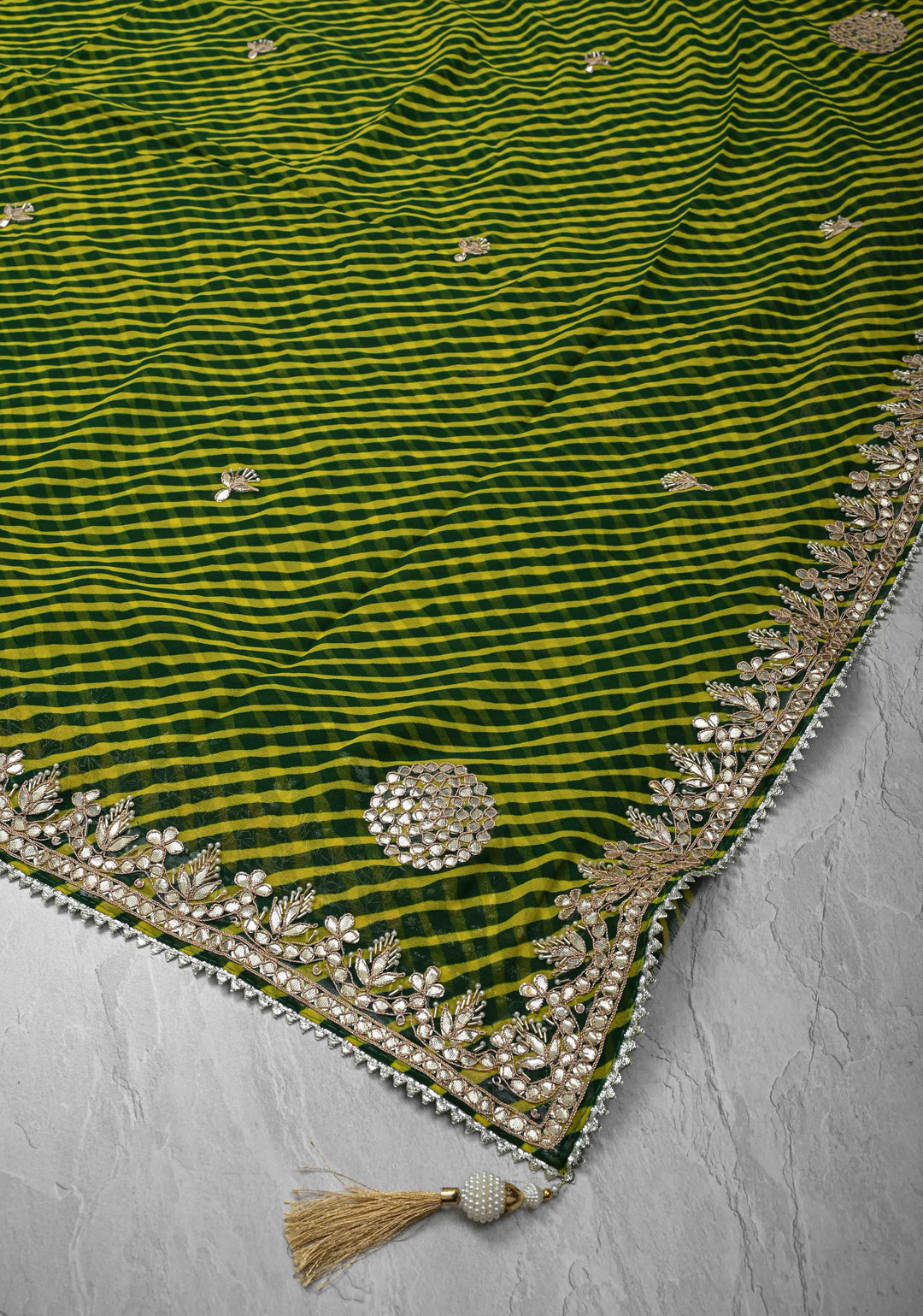 Green and Yellow Pure Georgette Silk Saree on Leheria Pattern with Gotta Patti and Moti work | SILK MARKED CERTIFIED