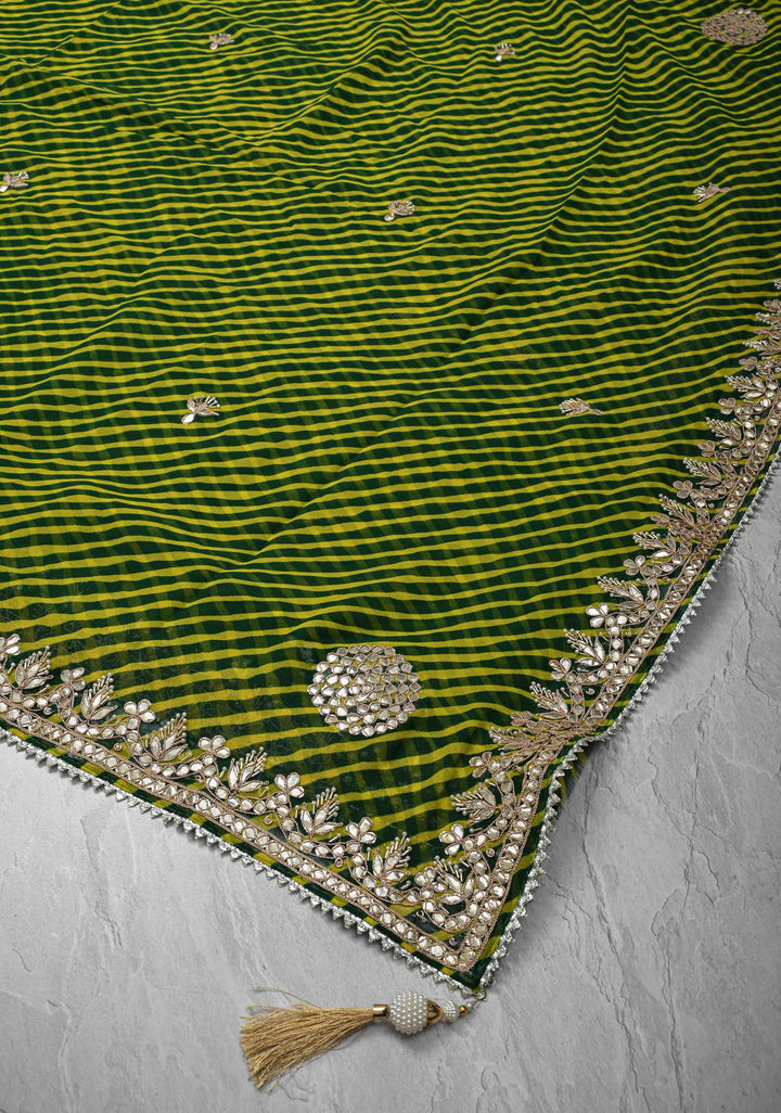 Green and Yellow Pure Georgette Silk Saree on Leheria Pattern with Gotta Patti and Moti work | SILK MARKED CERTIFIED
