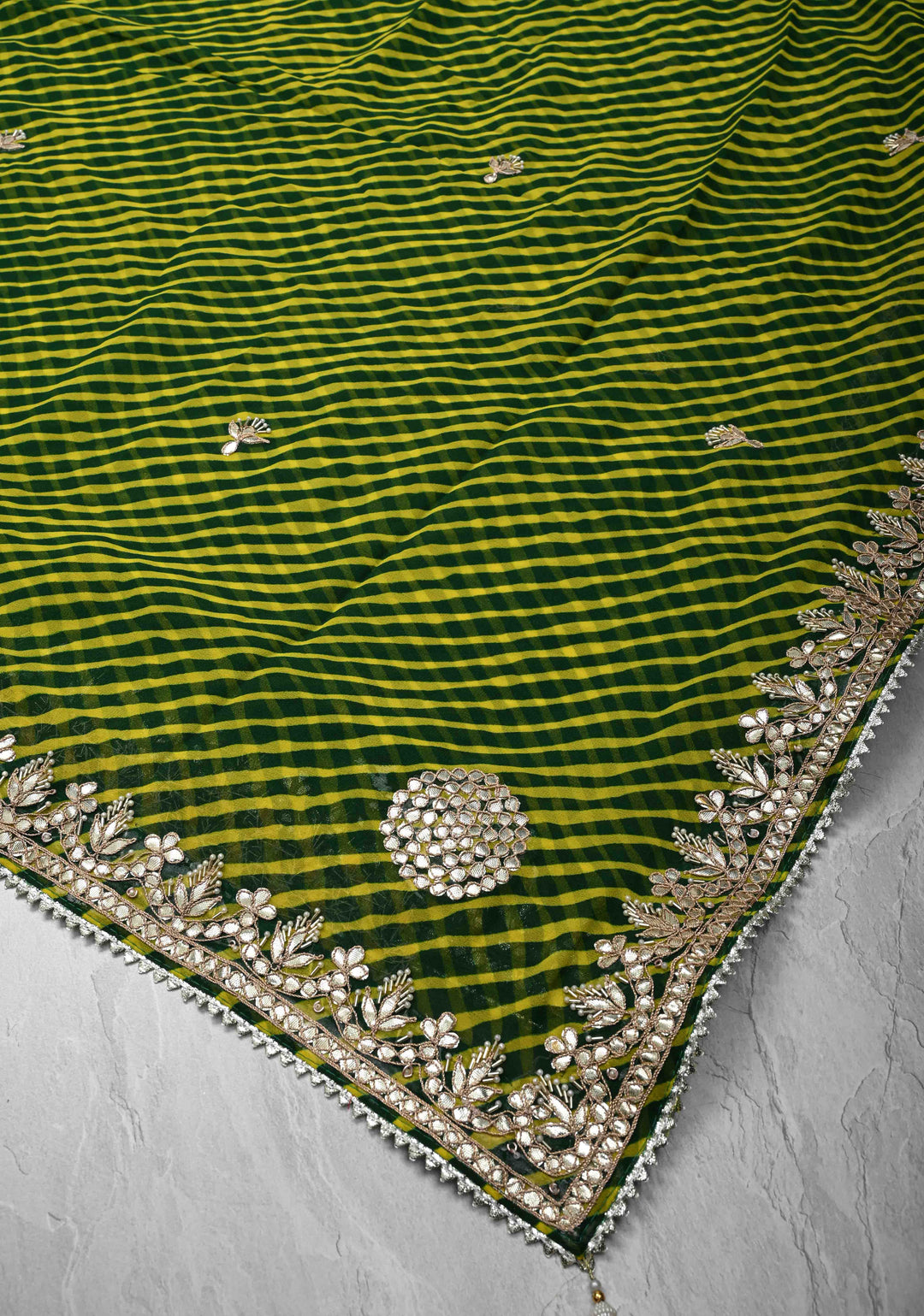 Green and Yellow Pure Georgette Silk Saree on Leheria Pattern with Gotta Patti and Moti work | SILK MARKED CERTIFIED