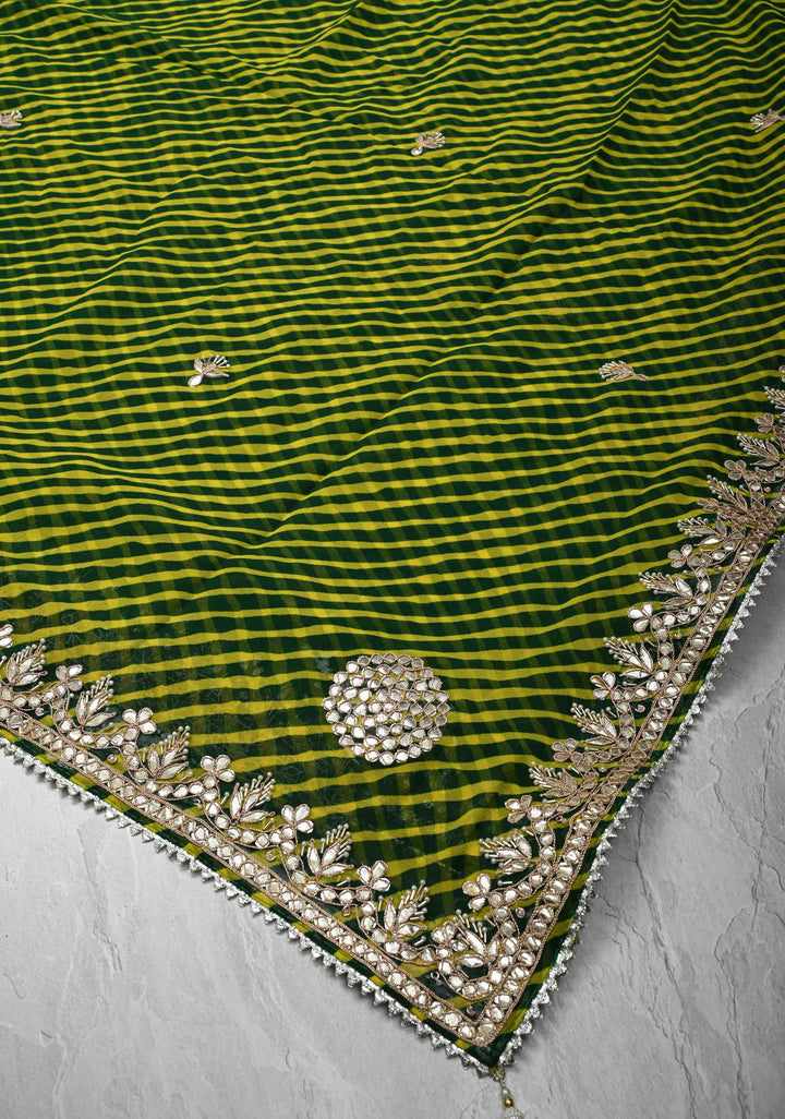 Green and Yellow Pure Georgette Silk Saree on Leheria Pattern with Gotta Patti and Moti work | SILK MARKED CERTIFIED