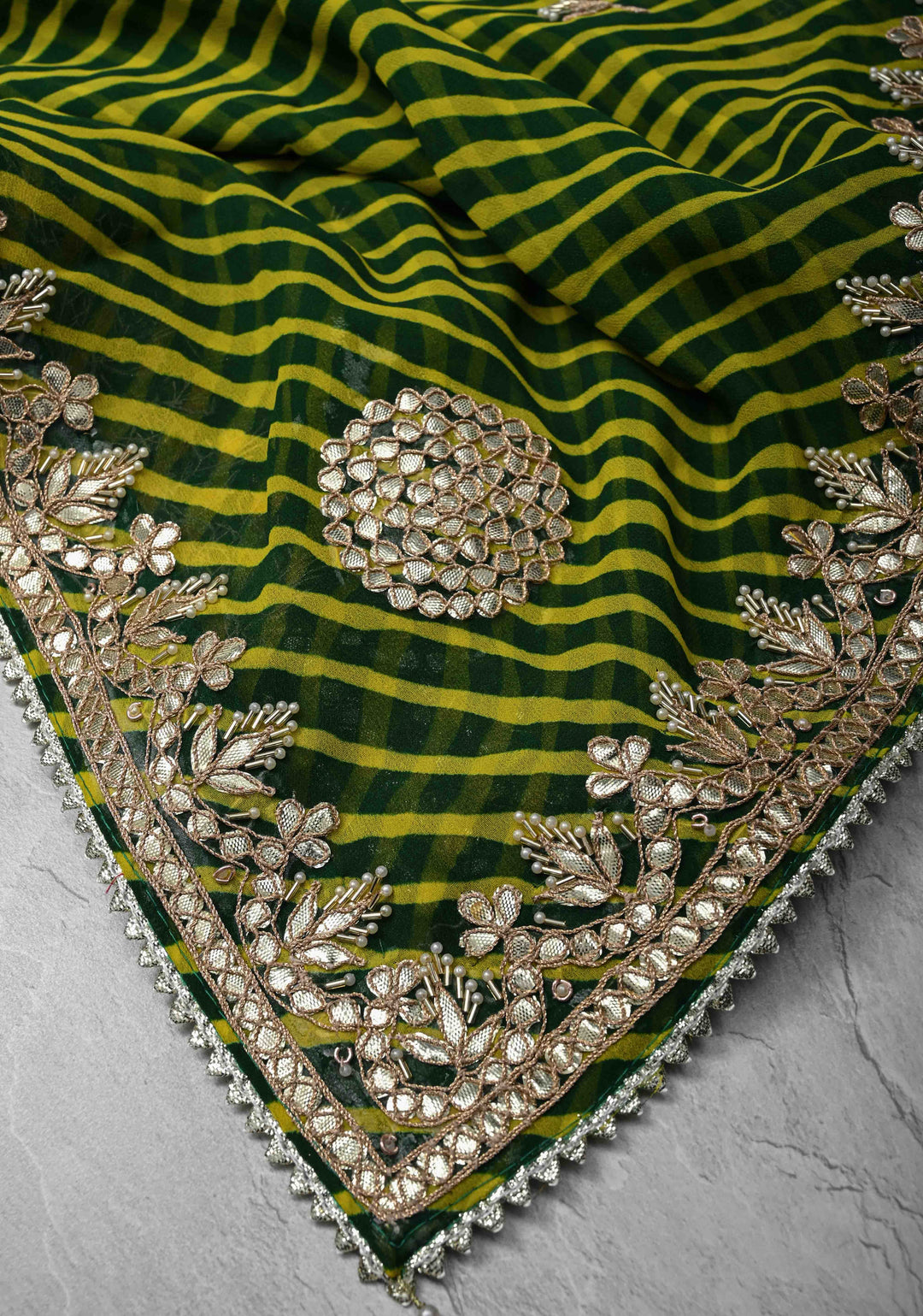 Green and Yellow Pure Georgette Silk Saree on Leheria Pattern with Gotta Patti and Moti work | SILK MARKED CERTIFIED
