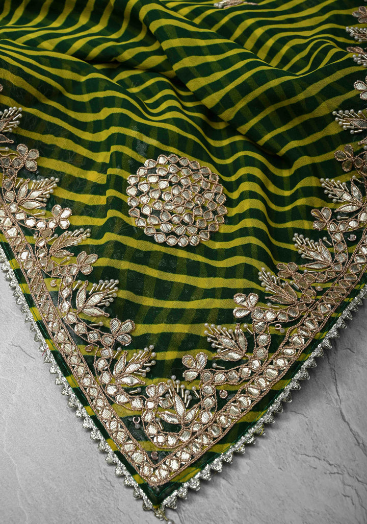 Green and Yellow Pure Georgette Silk Saree on Leheria Pattern with Gotta Patti and Moti work | SILK MARKED CERTIFIED