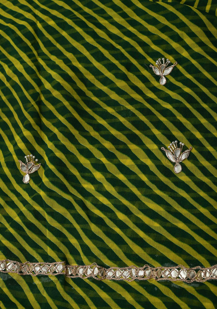 Green and Yellow Pure Georgette Silk Saree on Leheria Pattern with Gotta Patti and Moti work | SILK MARKED CERTIFIED