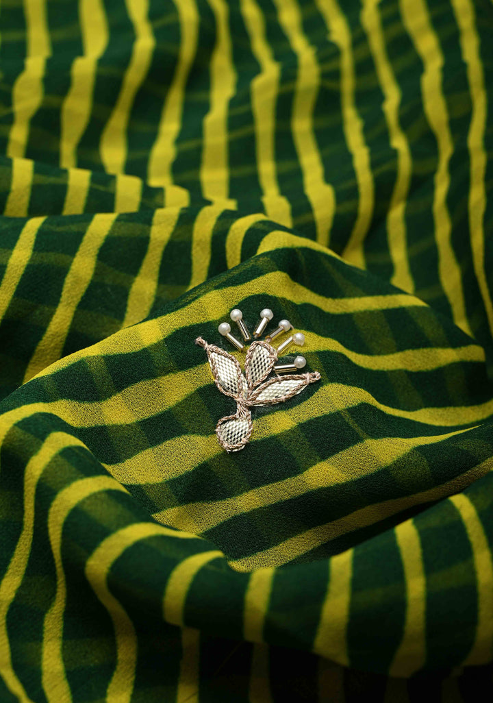 Green and Yellow Pure Georgette Silk Saree on Leheria Pattern with Gotta Patti and Moti work | SILK MARKED CERTIFIED