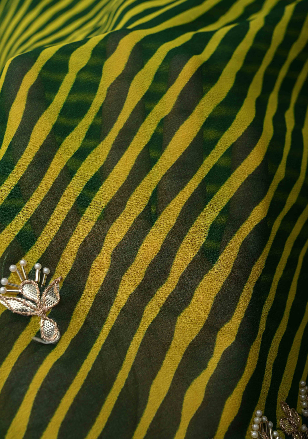 Green and Yellow Pure Georgette Silk Saree on Leheria Pattern with Gotta Patti and Moti work | SILK MARKED CERTIFIED