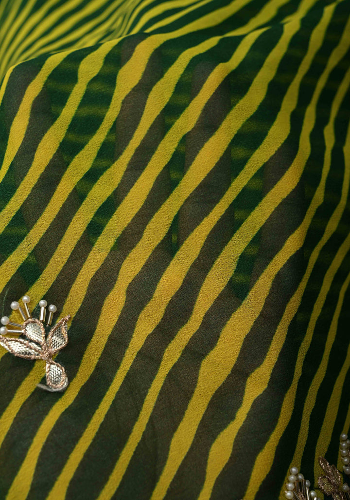Green and Yellow Pure Georgette Silk Saree on Leheria Pattern with Gotta Patti and Moti work | SILK MARKED CERTIFIED