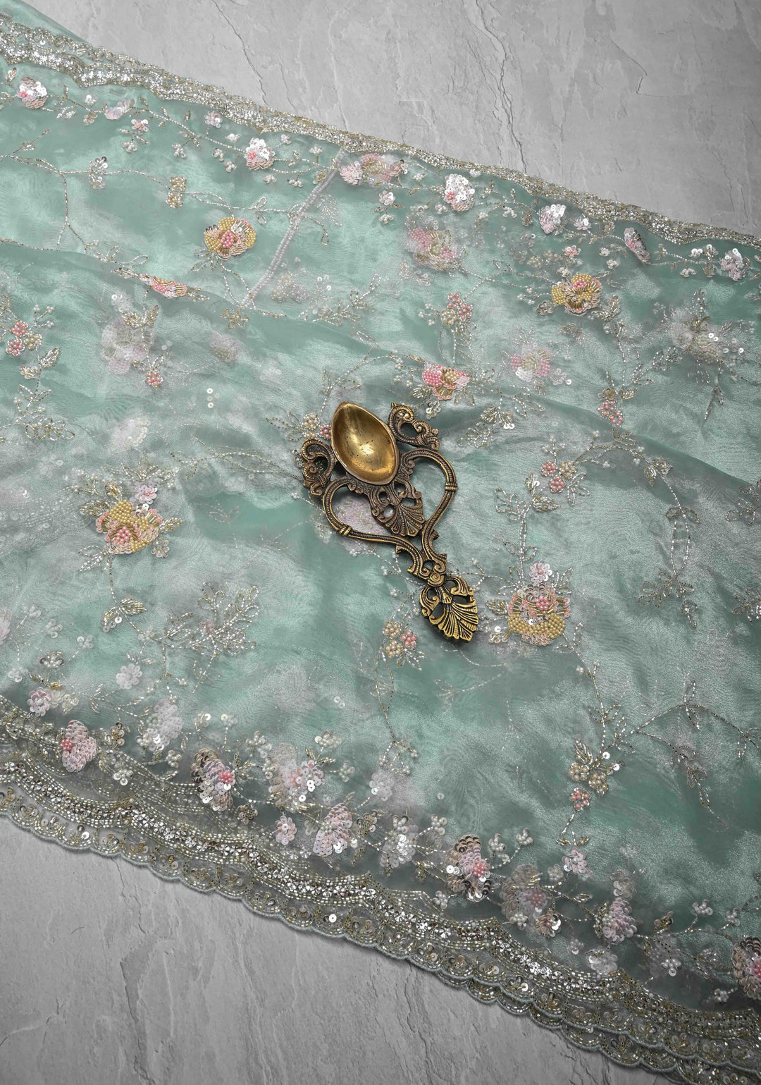 Mint Green Full Jaal on Pure Glass Organza  Saree with Sequins, Cutdana Work and Scallop Border