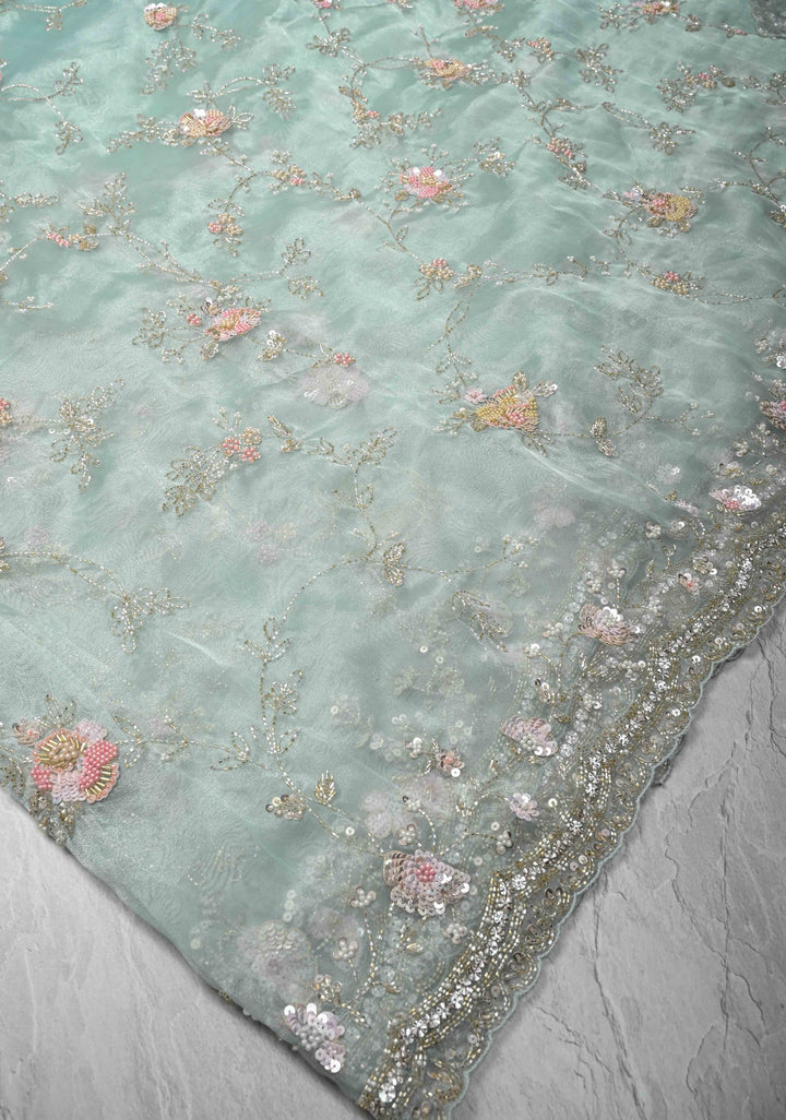 Mint Green Full Jaal on Pure Glass Organza  Saree with Sequins, Cutdana Work and Scallop Border