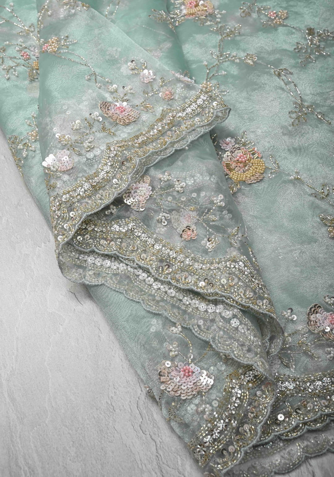 Mint Green Full Jaal on Pure Glass Organza  Saree with Sequins, Cutdana Work and Scallop Border