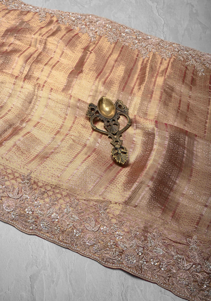 Pinkish Red Celebrity Design Brocade, Vertical Stripes on Pure Tissue Kanjivaram Silk Saree with Zardozi, Sequins, Moti Hand work and Scallop Border | SILK MARK CERTIFIED
