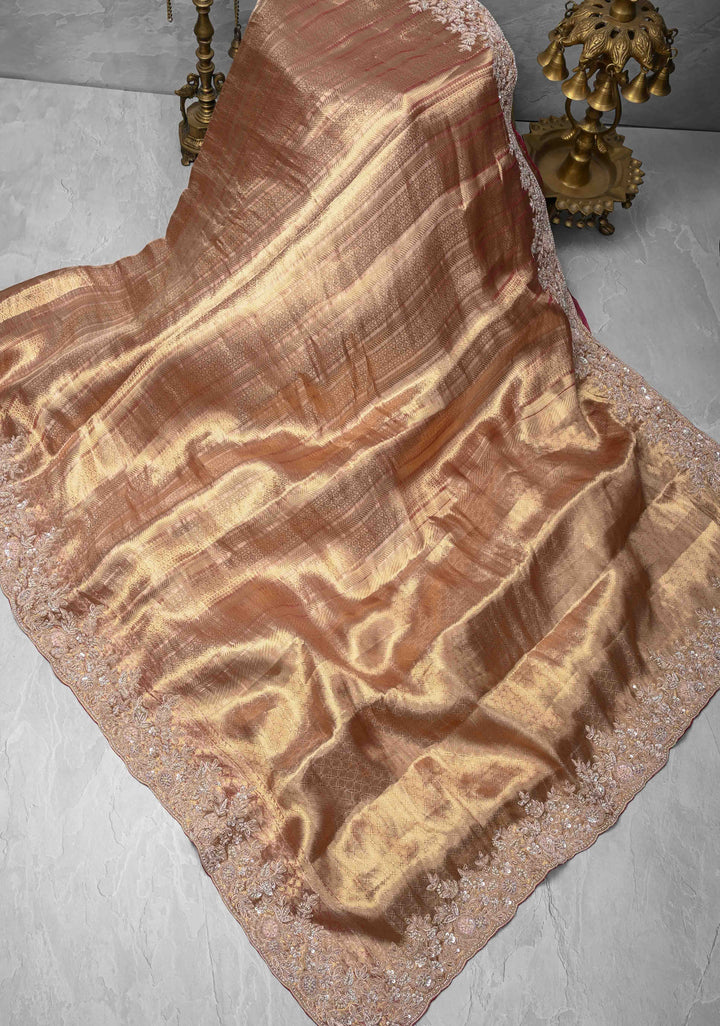 Pinkish Red Celebrity Design Brocade, Vertical Stripes on Pure Tissue Kanjivaram Silk Saree with Zardozi, Sequins, Moti Hand work and Scallop Border | SILK MARK CERTIFIED