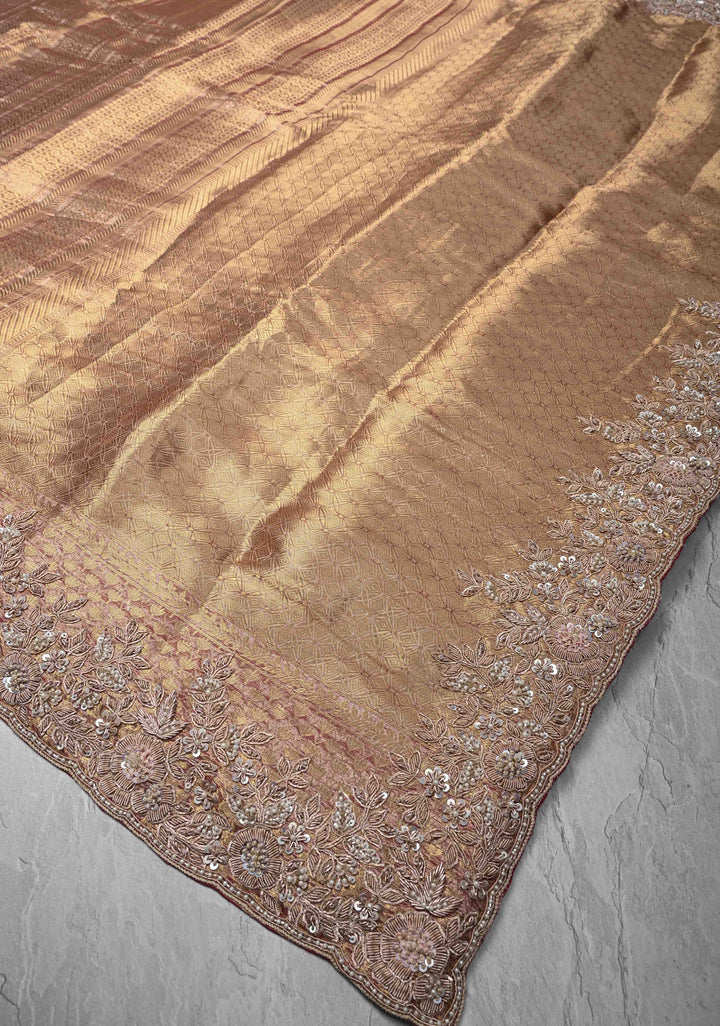 Pinkish Red Celebrity Design Brocade, Vertical Stripes on Pure Tissue Kanjivaram Silk Saree with Zardozi, Sequins, Moti Hand work and Scallop Border | SILK MARK CERTIFIED