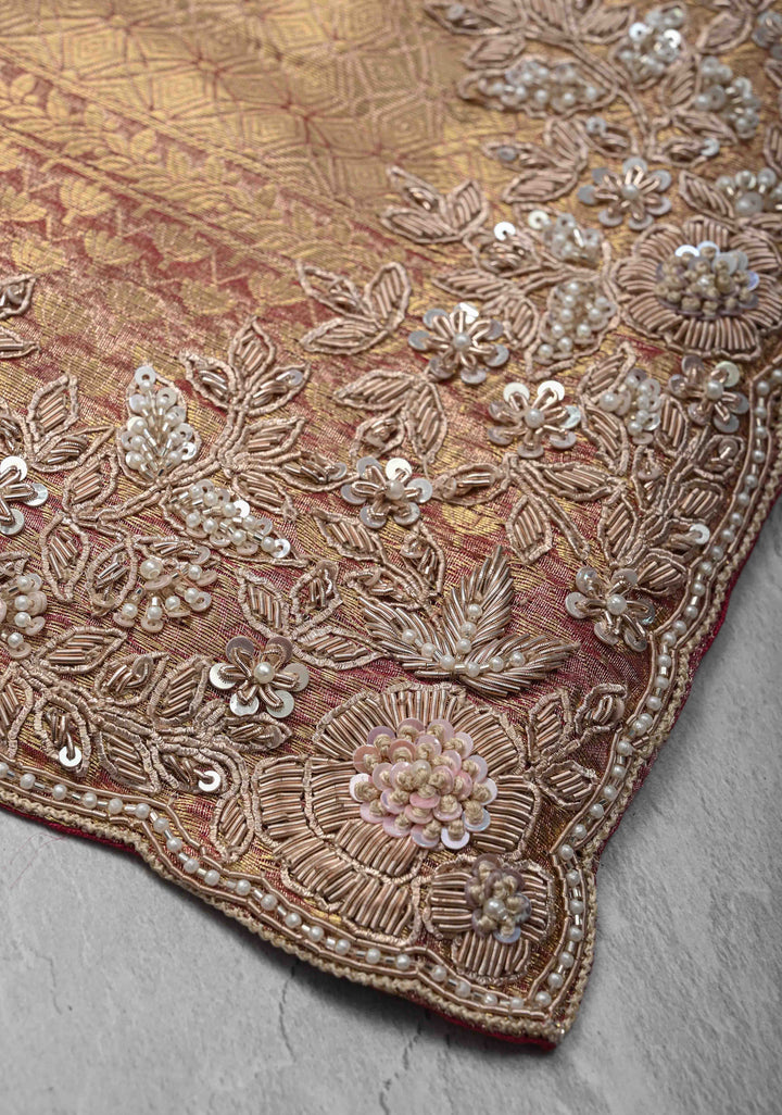 Pinkish Red Celebrity Design Brocade, Vertical Stripes on Pure Tissue Kanjivaram Silk Saree with Zardozi, Sequins, Moti Hand work and Scallop Border | SILK MARK CERTIFIED