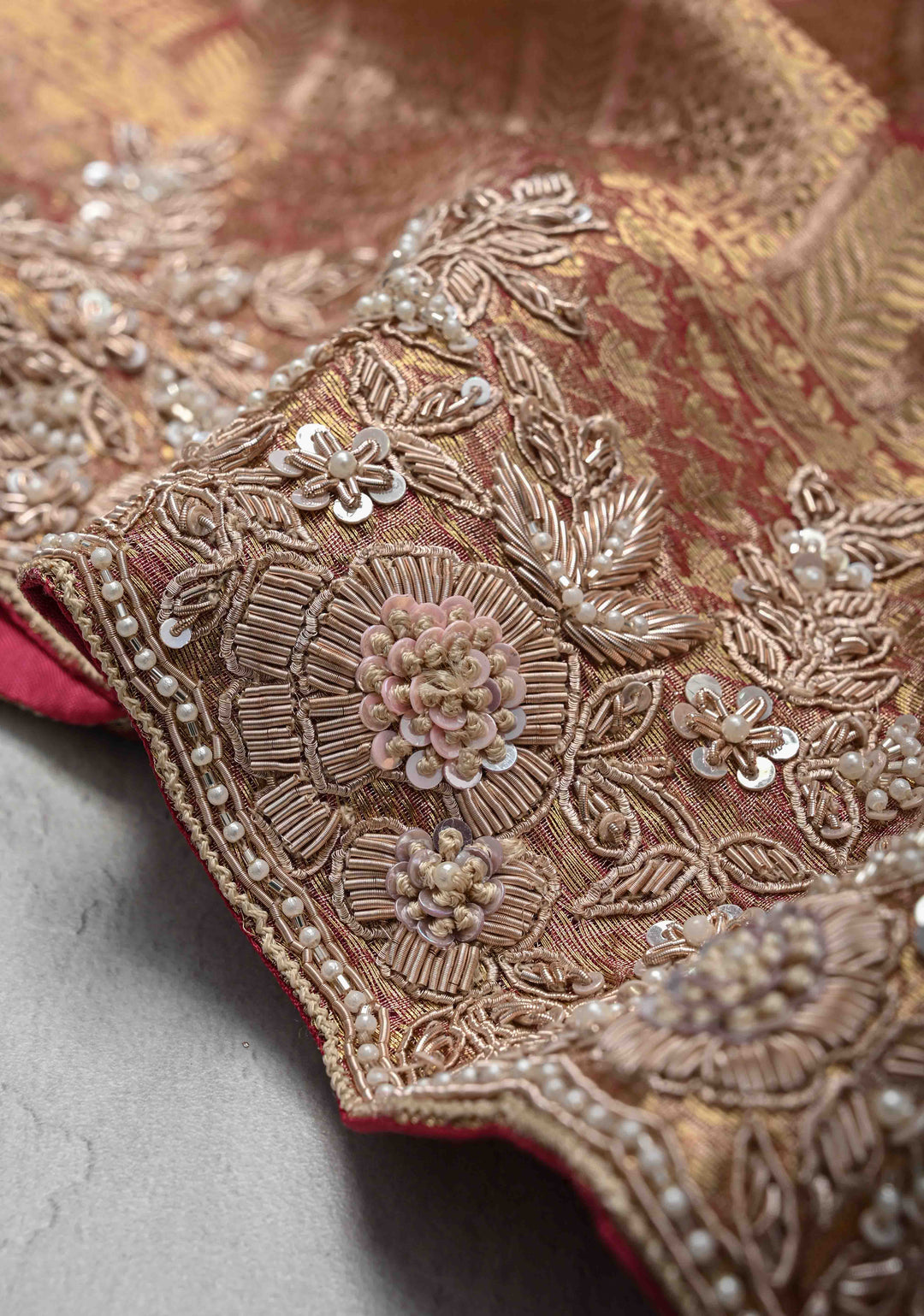 Pinkish Red Celebrity Design Brocade, Vertical Stripes on Pure Tissue Kanjivaram Silk Saree with Zardozi, Sequins, Moti Hand work and Scallop Border | SILK MARK CERTIFIED