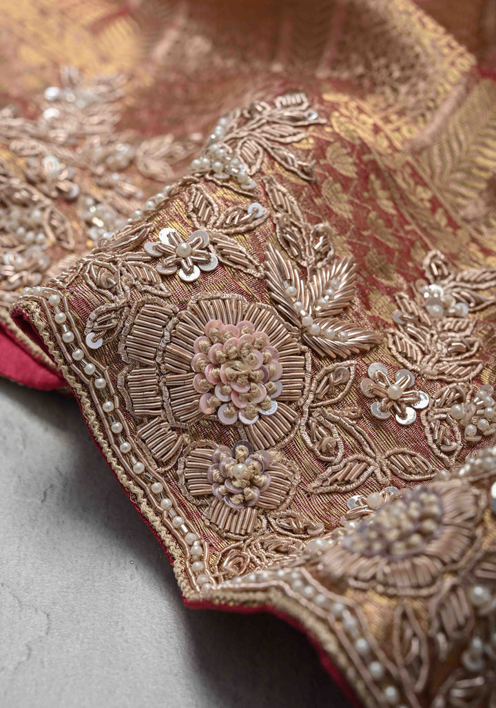 Pinkish Red Celebrity Design Brocade, Vertical Stripes on Pure Tissue Kanjivaram Silk Saree with Zardozi, Sequins, Moti Hand work and Scallop Border | SILK MARK CERTIFIED