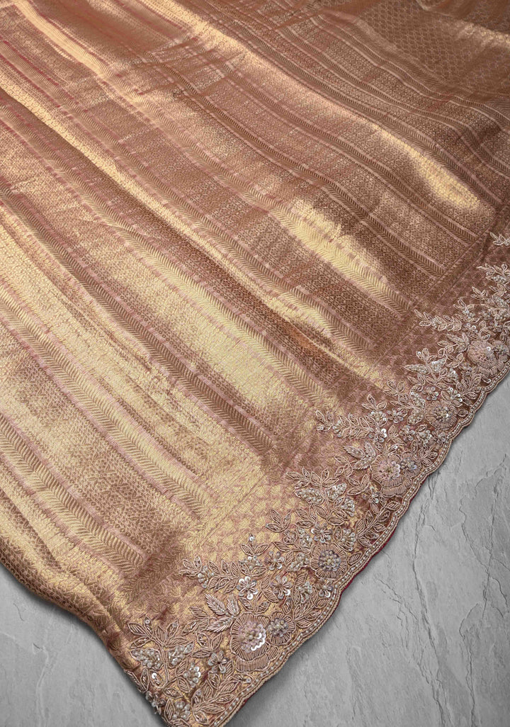 Pinkish Red Celebrity Design Brocade, Vertical Stripes on Pure Tissue Kanjivaram Silk Saree with Zardozi, Sequins, Moti Hand work and Scallop Border | SILK MARK CERTIFIED
