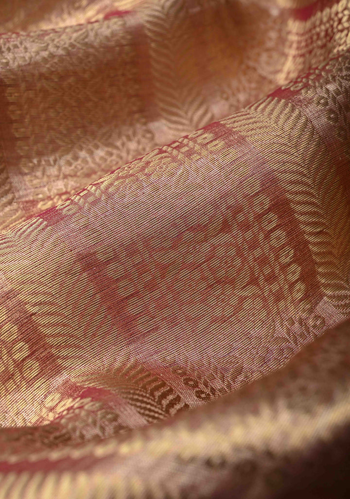 Pinkish Red Celebrity Design Brocade, Vertical Stripes on Pure Tissue Kanjivaram Silk Saree with Zardozi, Sequins, Moti Hand work and Scallop Border | SILK MARK CERTIFIED
