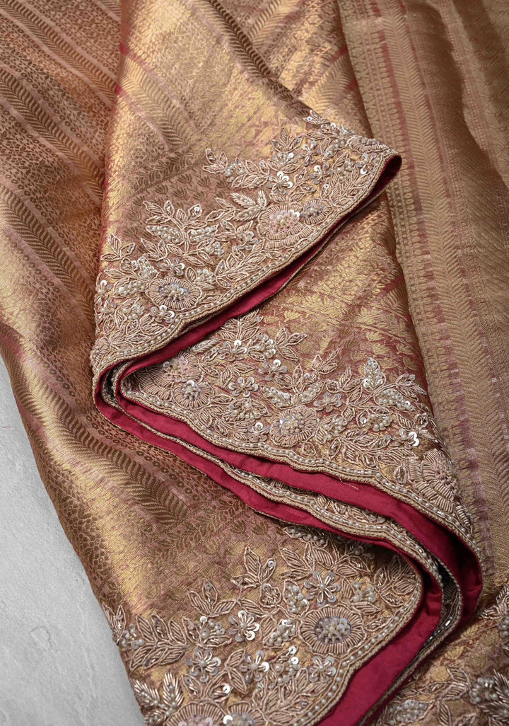 Pinkish Red Celebrity Design Brocade, Vertical Stripes on Pure Tissue Kanjivaram Silk Saree with Zardozi, Sequins, Moti Hand work and Scallop Border | SILK MARK CERTIFIED
