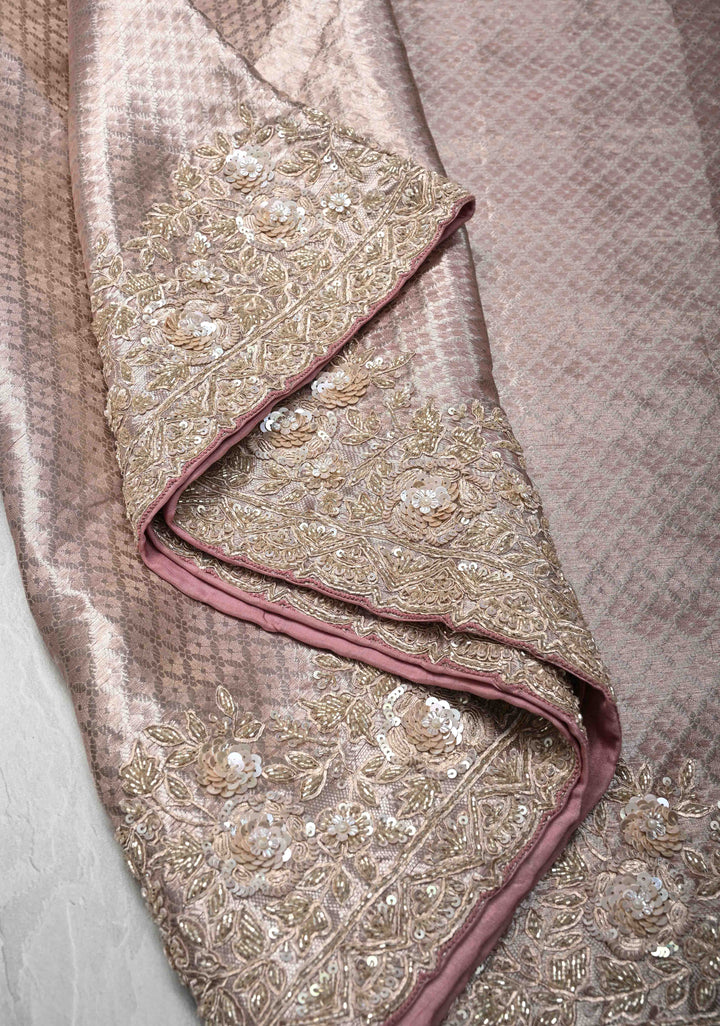Dusty Pink Celebrity Design Water Jaal on Pure Tissue Kanjivaram Silk Saree with Sequins, Cutdana Hand work and Scallop Border | SILK MARK CERTIFIED