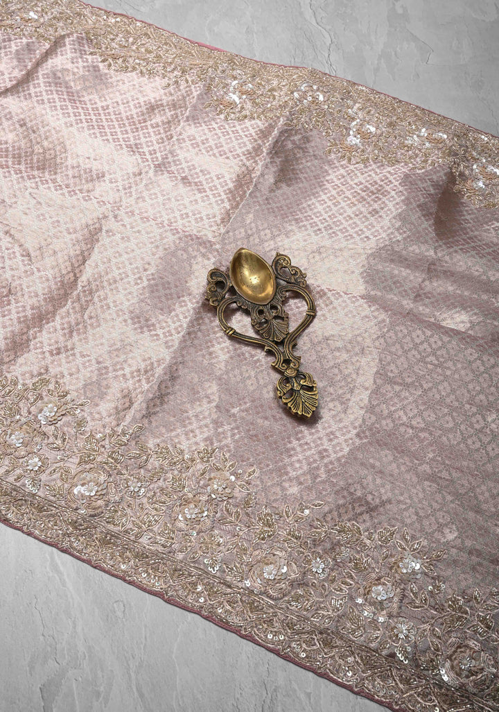 Dusty Pink Celebrity Design Water Jaal on Pure Tissue Kanjivaram Silk Saree with Sequins, Cutdana Hand work and Scallop Border | SILK MARK CERTIFIED