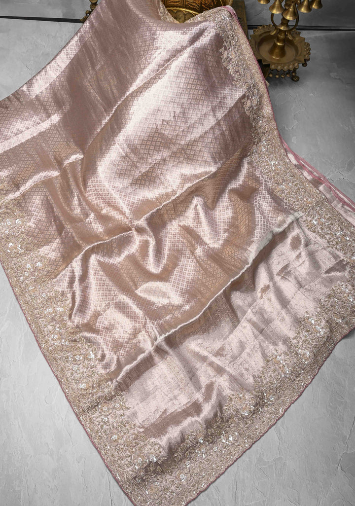 Dusty Pink Celebrity Design Water Jaal on Pure Tissue Kanjivaram Silk Saree with Sequins, Cutdana Hand work and Scallop Border | SILK MARK CERTIFIED